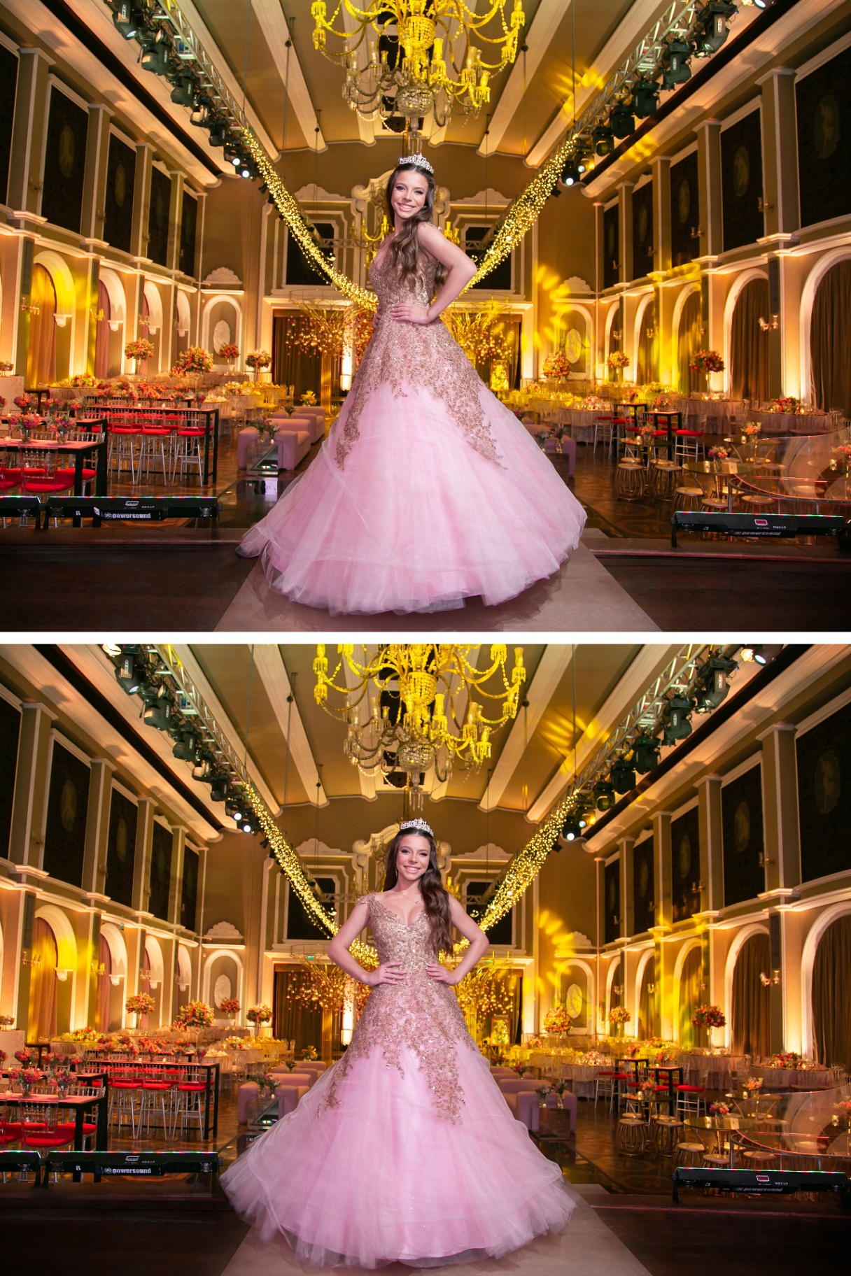 Debutante no salão iluminado