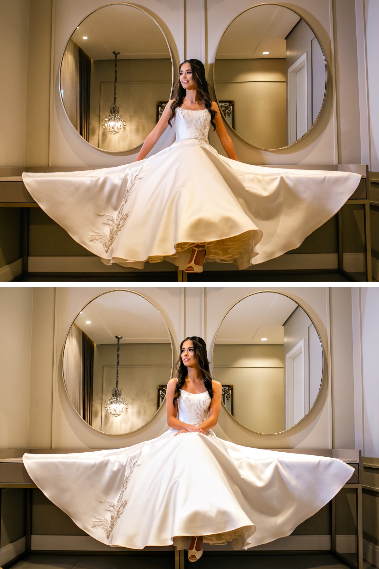 Vestido rodado em frente aos espelhos